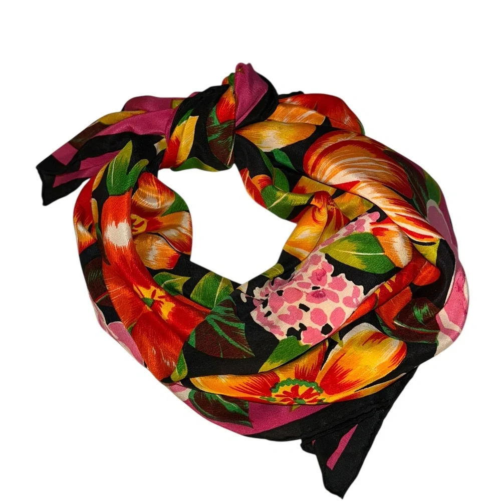 Vintage 100% SILK bright Spring Flowers roses print scarf 34